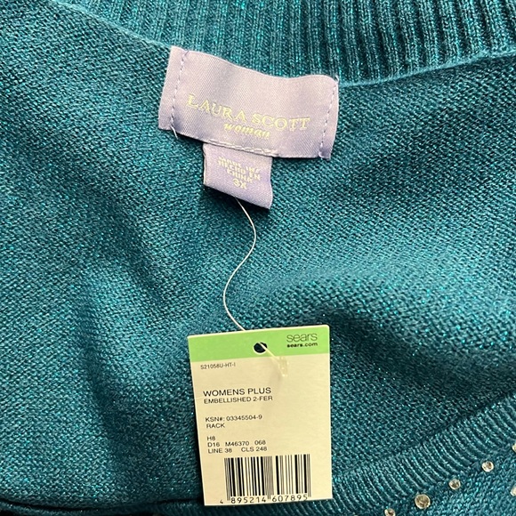 NWT Karen Scott Teal Rhinestone Embellished Glittery Twofer Cardigan - Picture 16 of 16